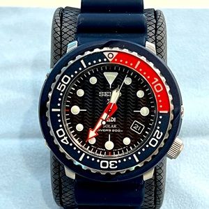 Seiko Prospex PADI Solar Mens Dive Watch Navy Blue Strap/Case Blue & Red Bezel